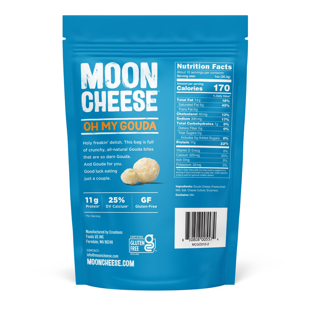 Moon Cheese Oh My Gouda Bites close-up highlights crunchy texture and cheesy flavor