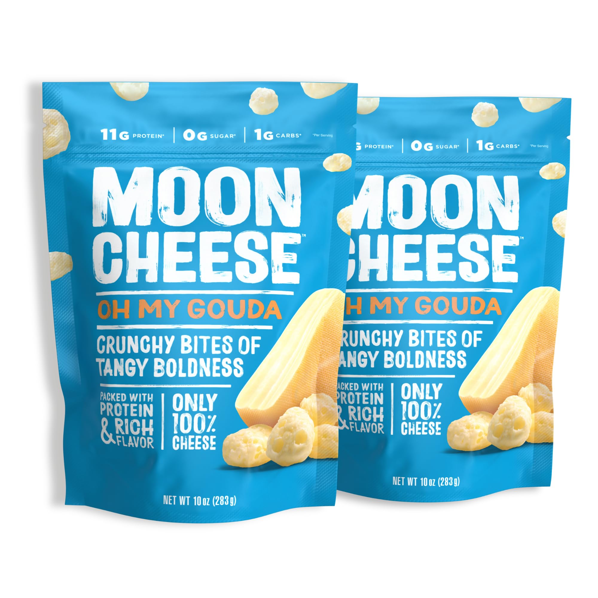 Moon Cheese Oh My Gouda Bites packaging shows a convenient 2-pack for on-the-go protein