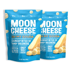 Moon Cheese Oh My Gouda Bites packaging shows a convenient 2-pack for on-the-go protein