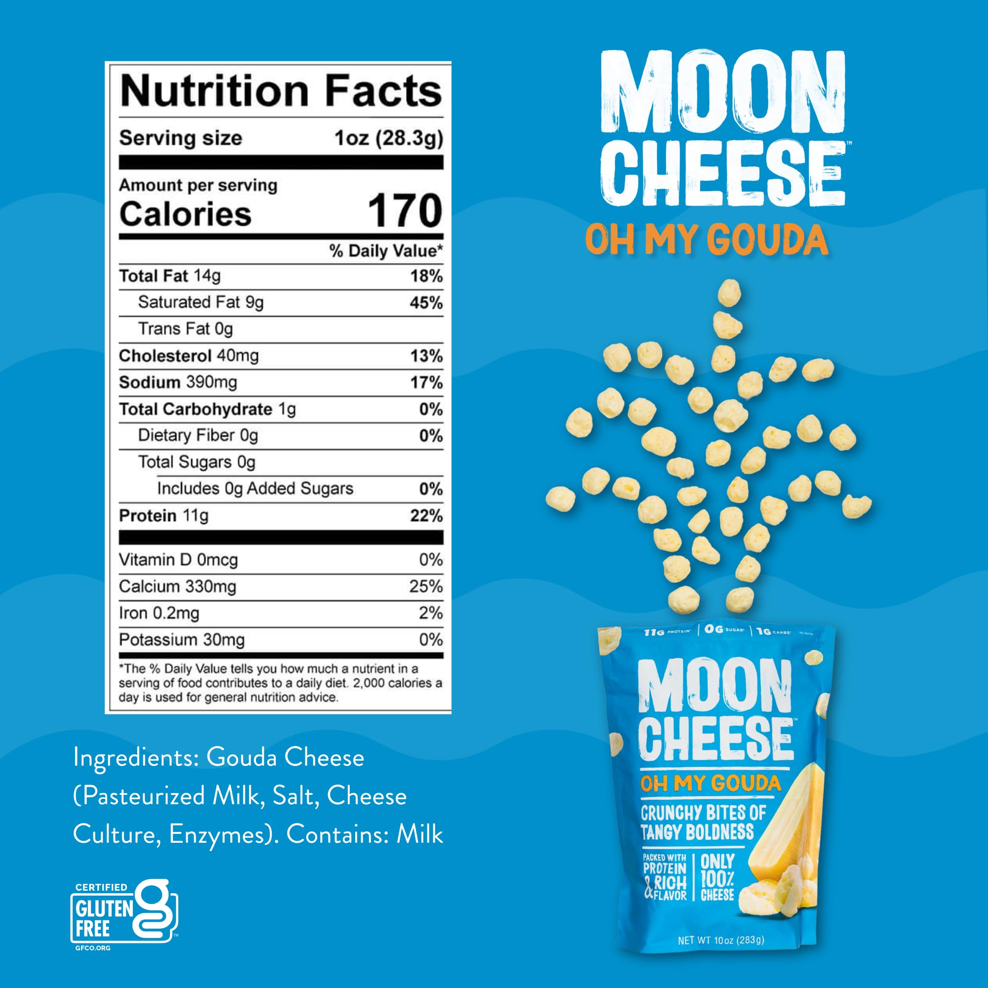 Moon Cheese Oh My Gouda Bites product shot emphasizes protein-rich snack option