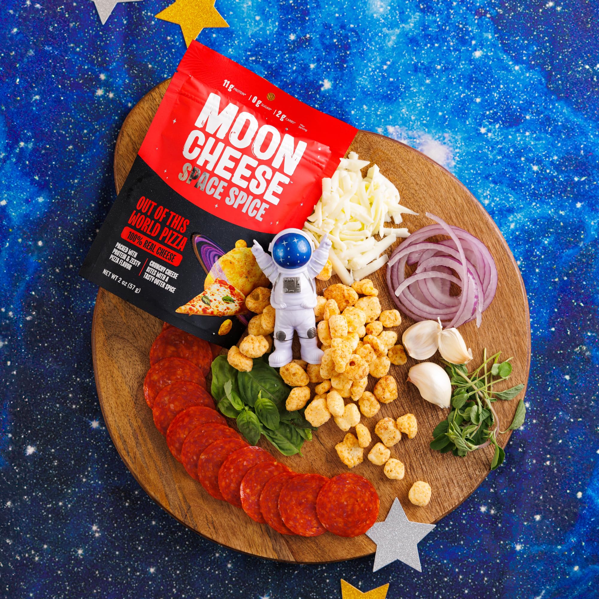 Moon Cheese Pizza crunch close-up showing savory cheese texture.