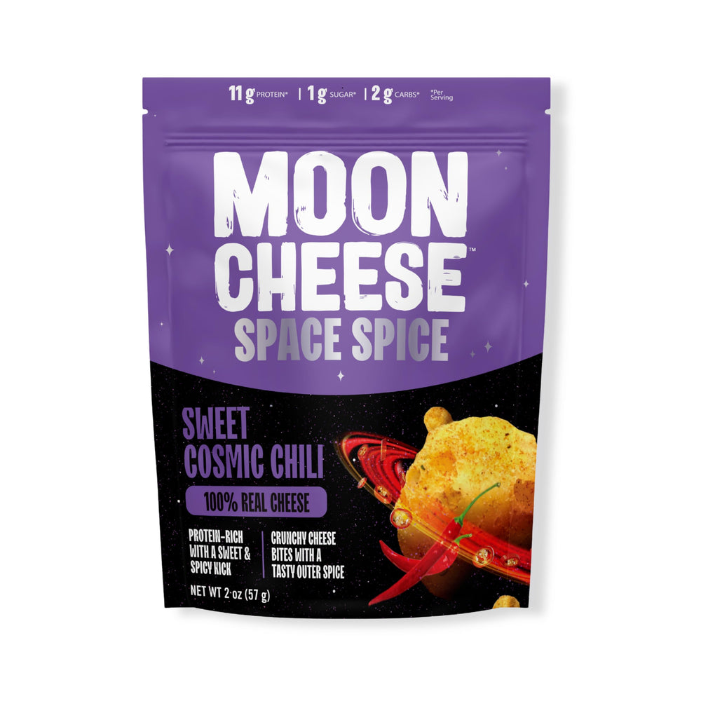 Moon Cheese Space Spice bag mockup illustrates keto friendly snack convenience.