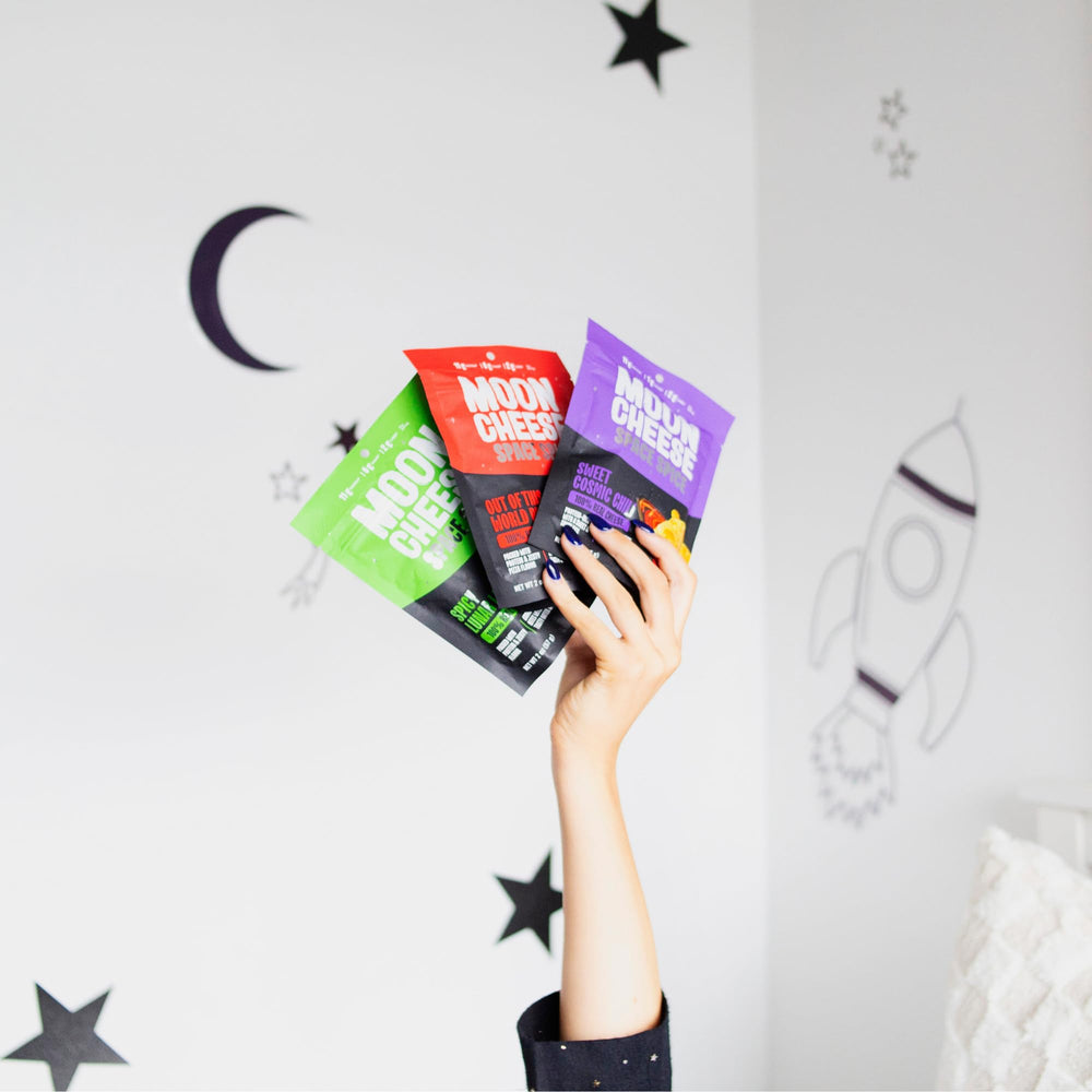 Moon Cheese Space Spice gluten-free label emphasizes safe snacking