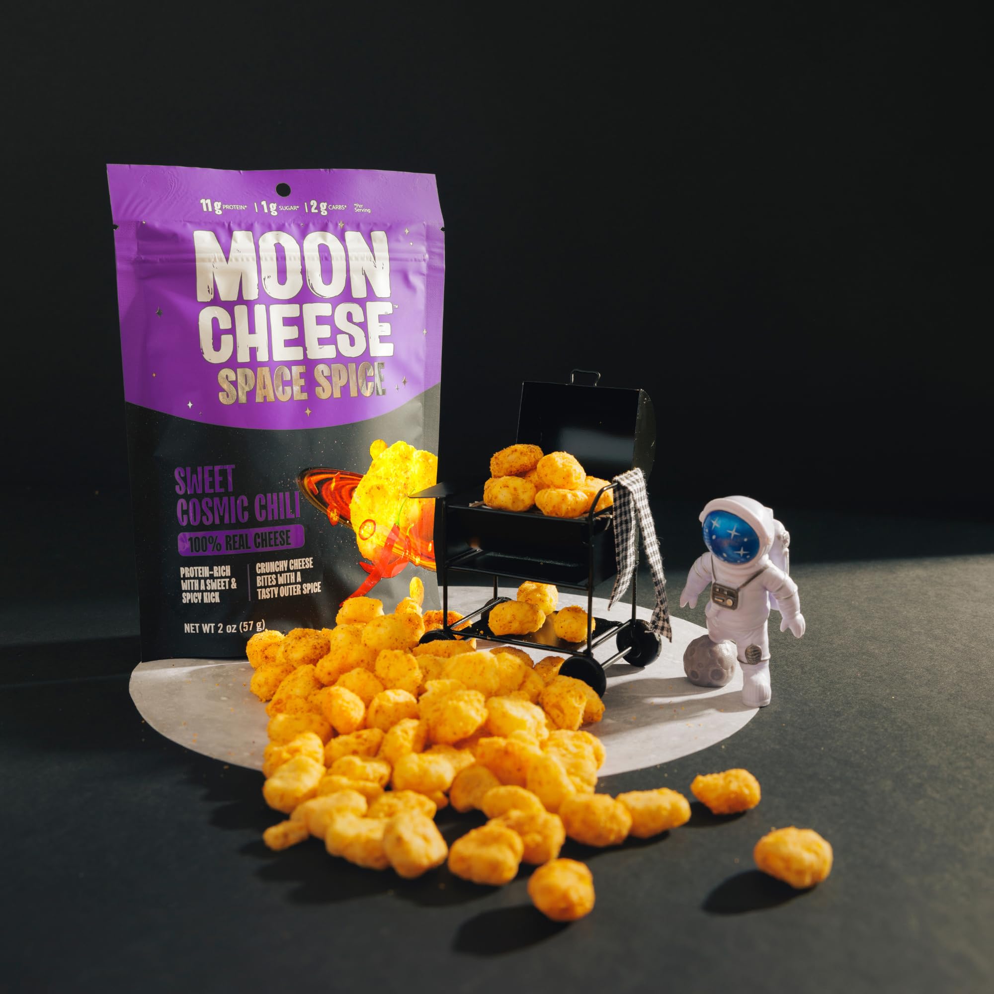 Low sugar note highlights guilt-free savor with bold cosmic chili.
