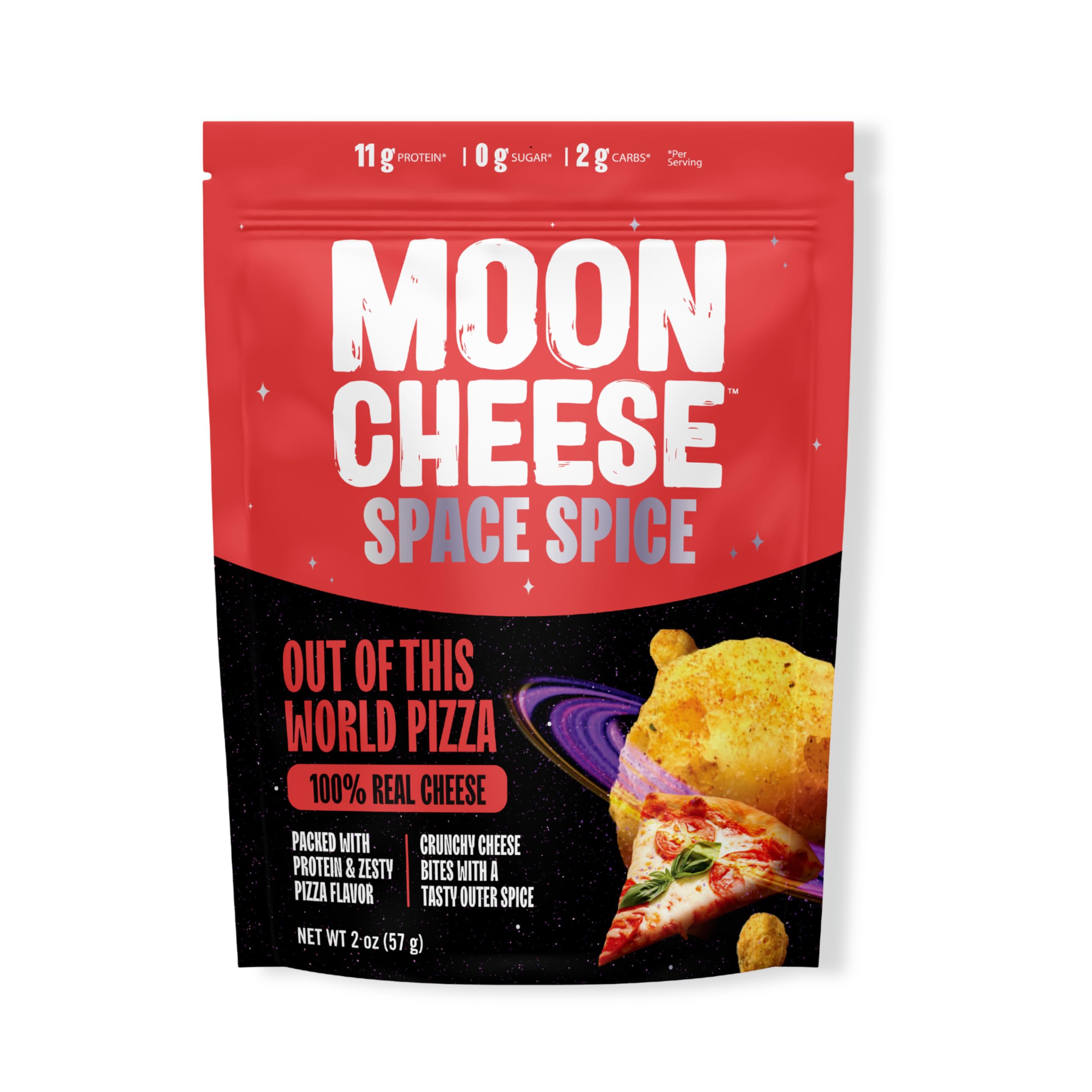 Moon Cheese Space Spice packaging shows keto-friendly, gluten-free snacking with bold chili flavor