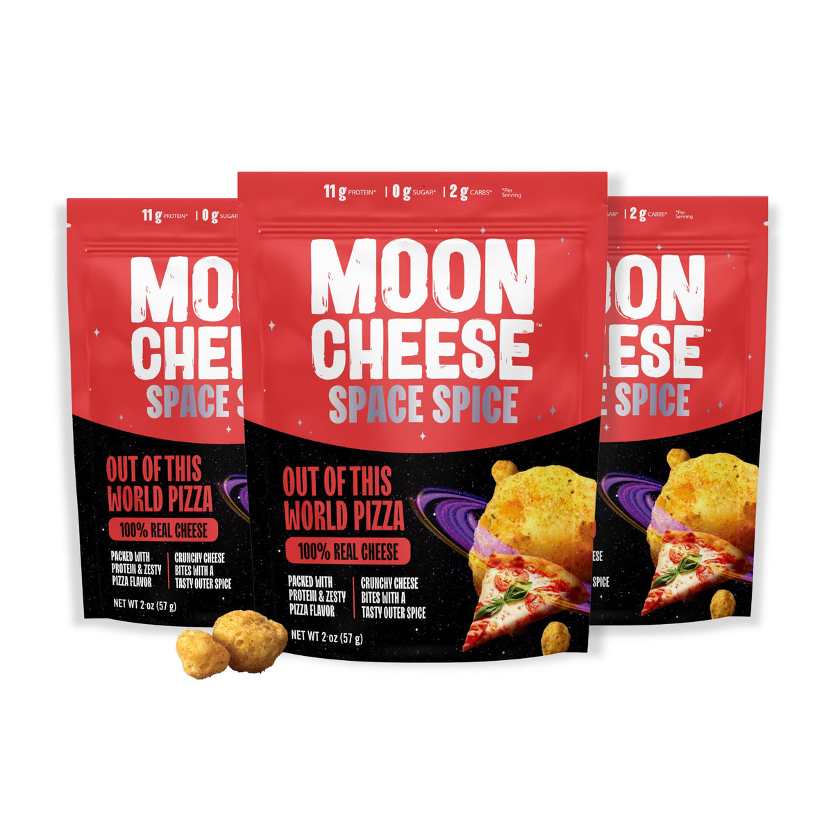 Moon Cheese Space Spice packet on a clean surface, ready for on-the-go protein.
