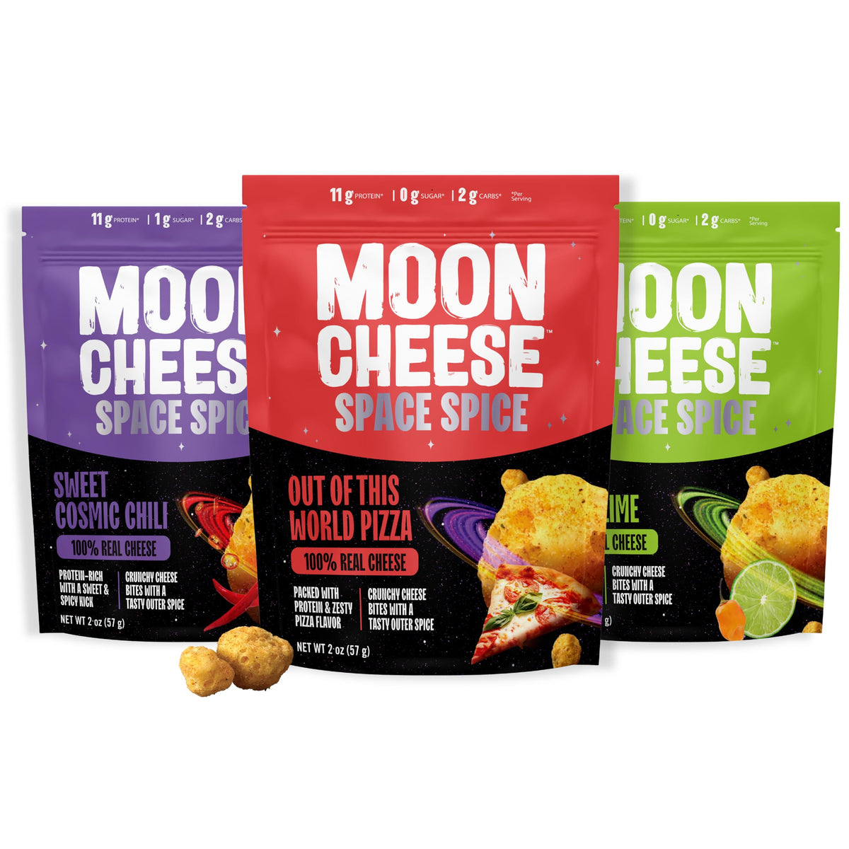 Moon Cheese Space Spice snack bag closeup highlighting protein-rich, on-the-go flavor