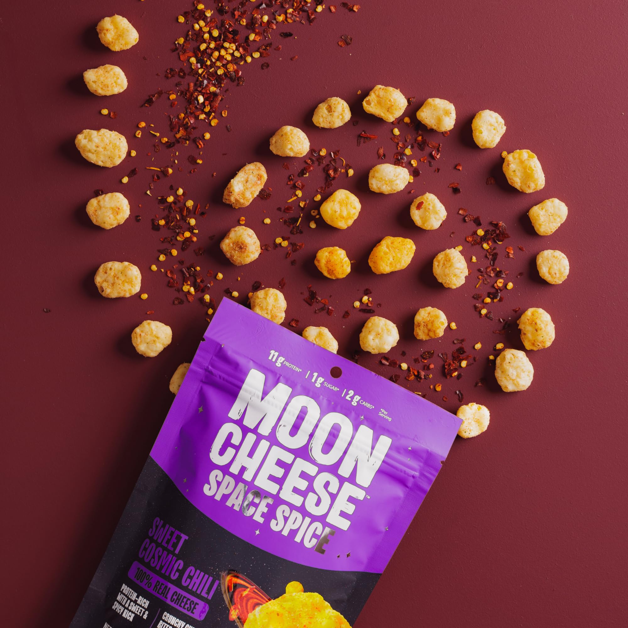 Moon Cheese Space Spice texture closeup reveals crisp, cheesy crunch