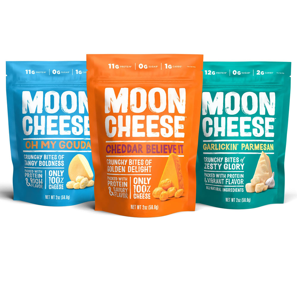 Moon Cheese Cheddar Believe It bites in a 2oz pack for a tasty protein boost.