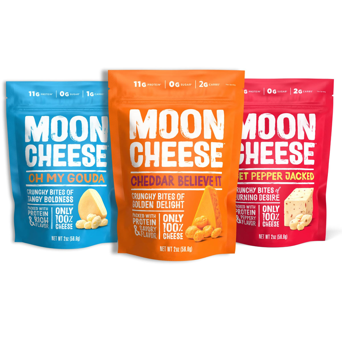 Moon Cheese variety pack with cheddar, gouda, and pepper jack bites for on-the-go protein
