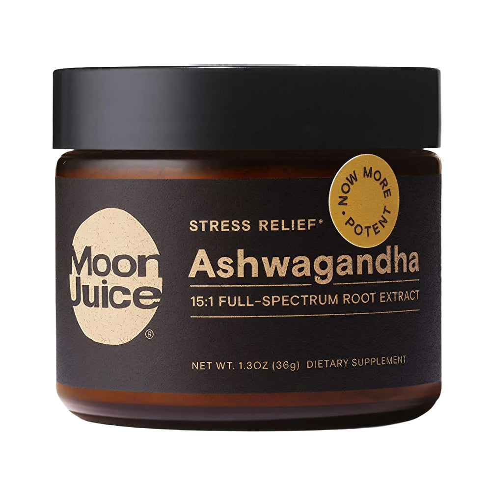 Moon Juice Ashwagandha root powder bottle with organic 15:1 extract for daily balance.