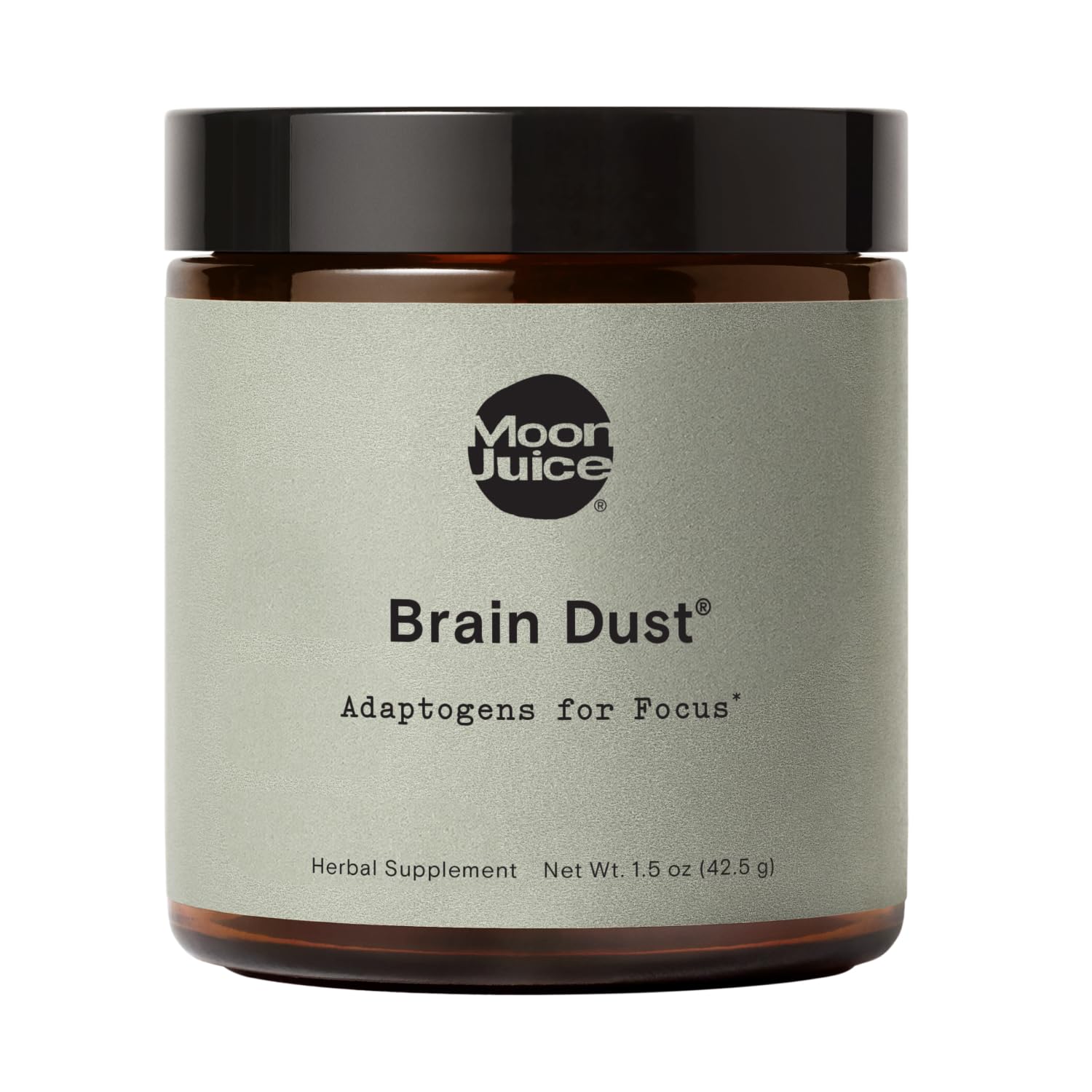 Moon Juice Brain Dust bottle closeup showing focus support blend.