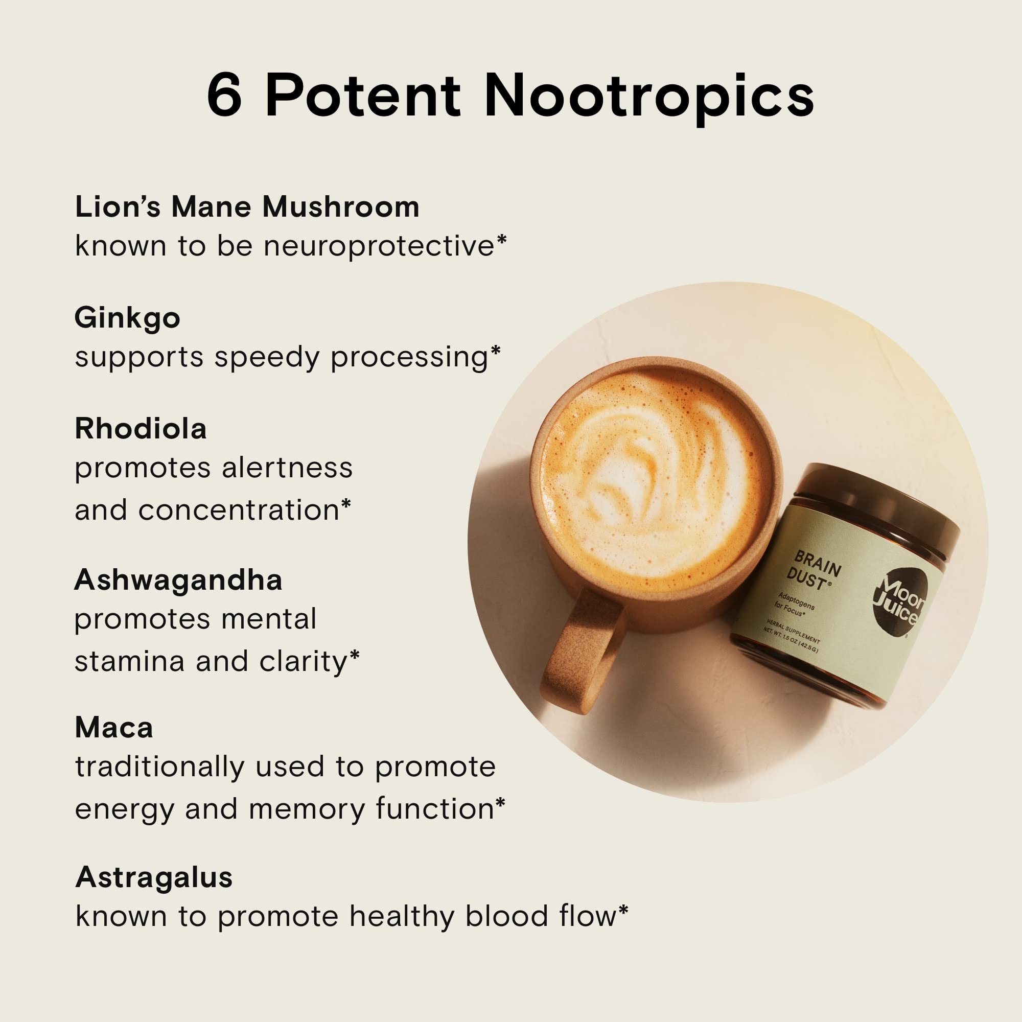 Moon Juice Brain Dust cup with tea illustrating easy addition to beverages.