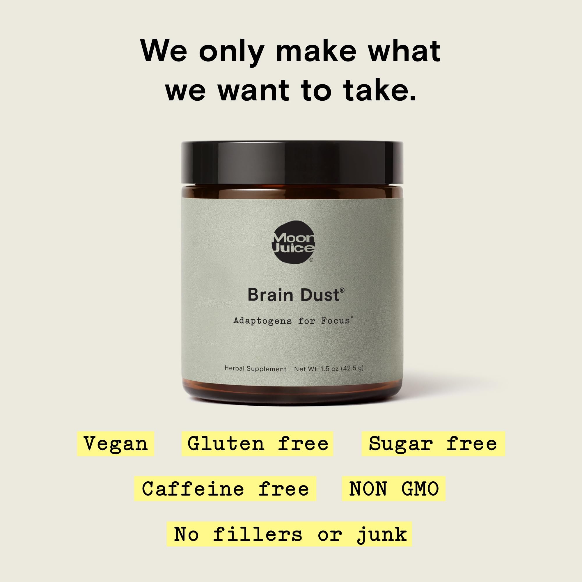 Moon Juice Brain Dust ingredients spread featuring Lion's Mane and adaptogens for clarity.