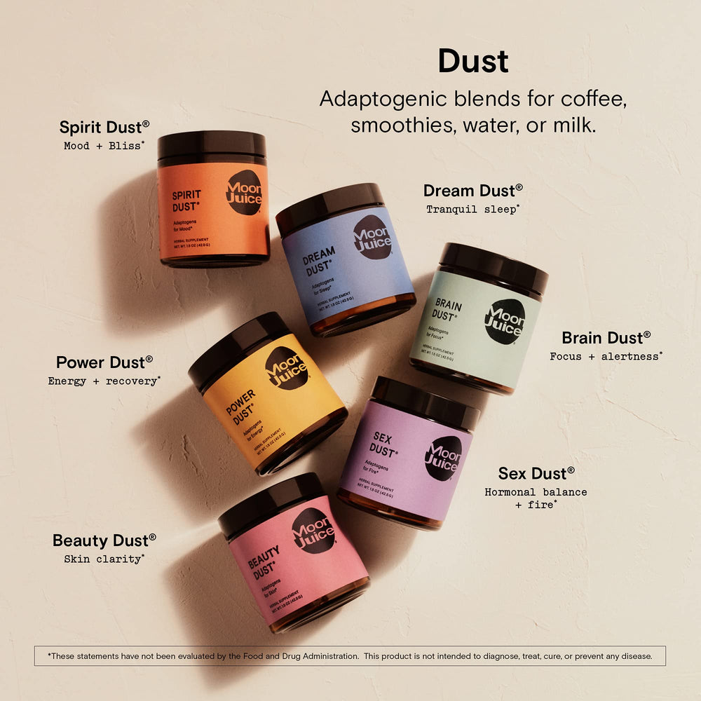 Moon Juice Brain Dust packaging on shelf emphasizing vegan and non-GMO qualities.