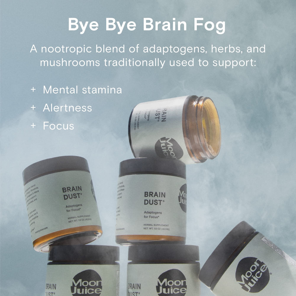 Moon Juice Brain Dust powder texture shown for versatile mixing.