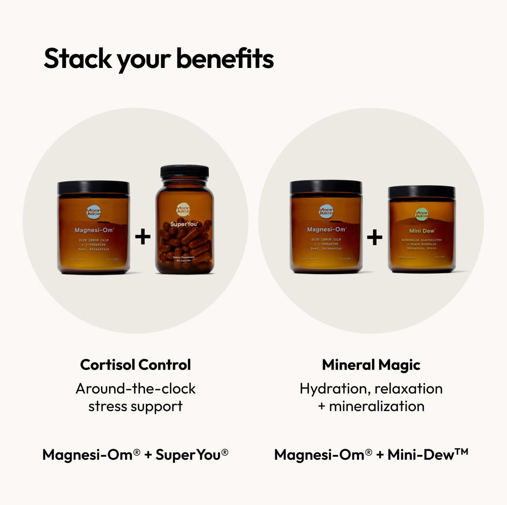 Moon Juice Magnesi-Om glass with powder ready to mix for a soothing evening.