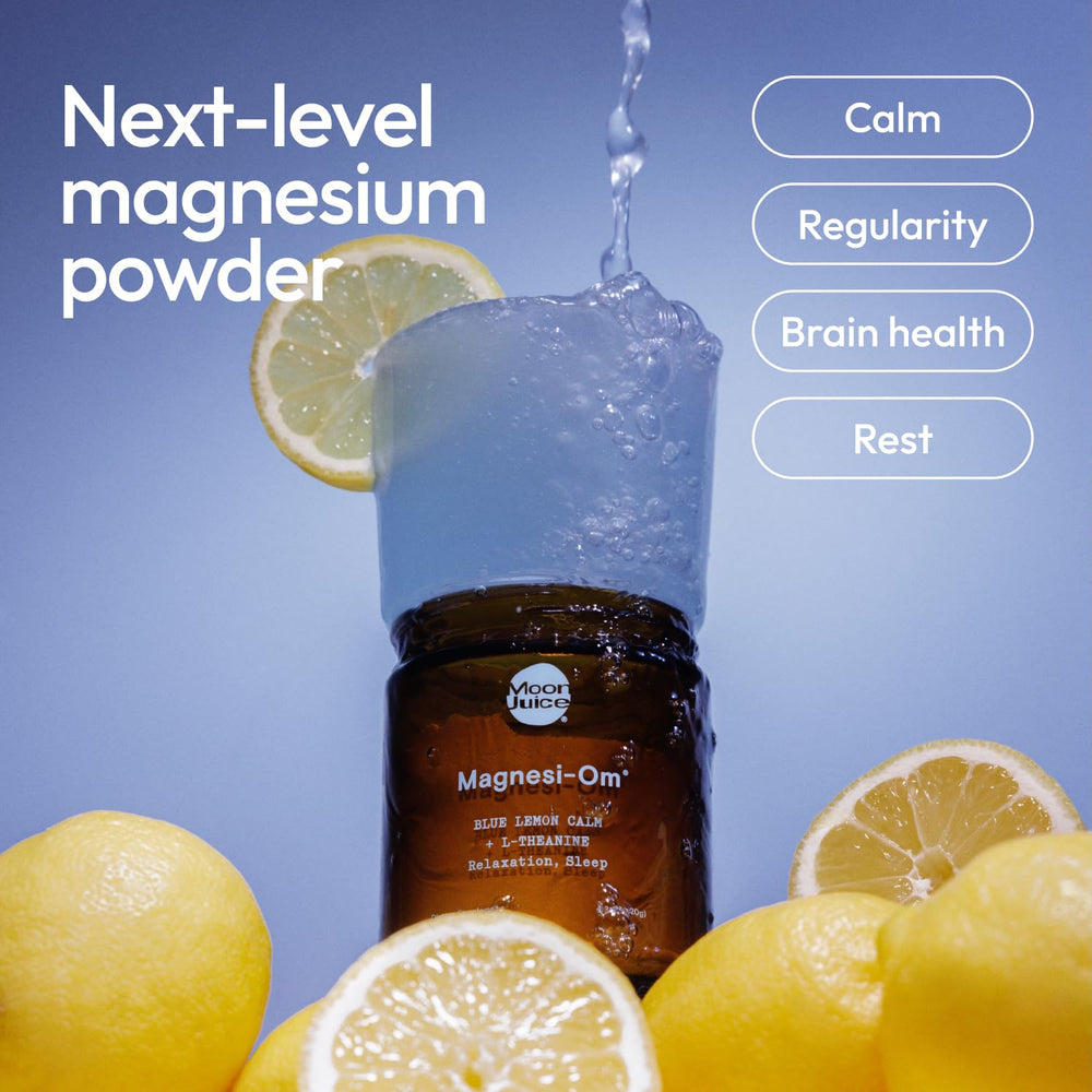 Moon Juice Magnesi-Om L-Theanine blend in a cup promotes relaxation.