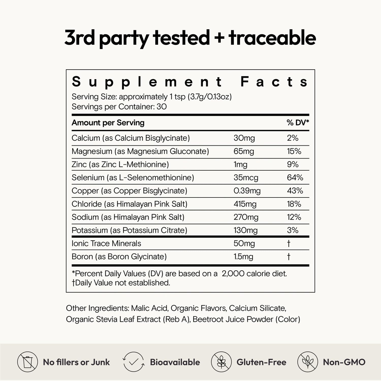 Moon Juice Mini Dew ingredients panel highlighting trace minerals and clean label.