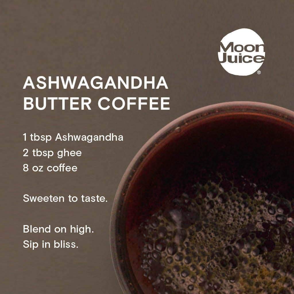 Moon Juice organic Ashwagandha powder close-up with earthy aroma, ideal for smoothies.
