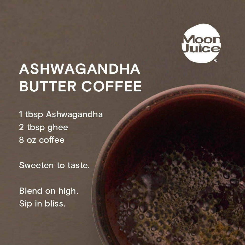Moon Juice organic Ashwagandha powder close-up with earthy aroma, ideal for smoothies.