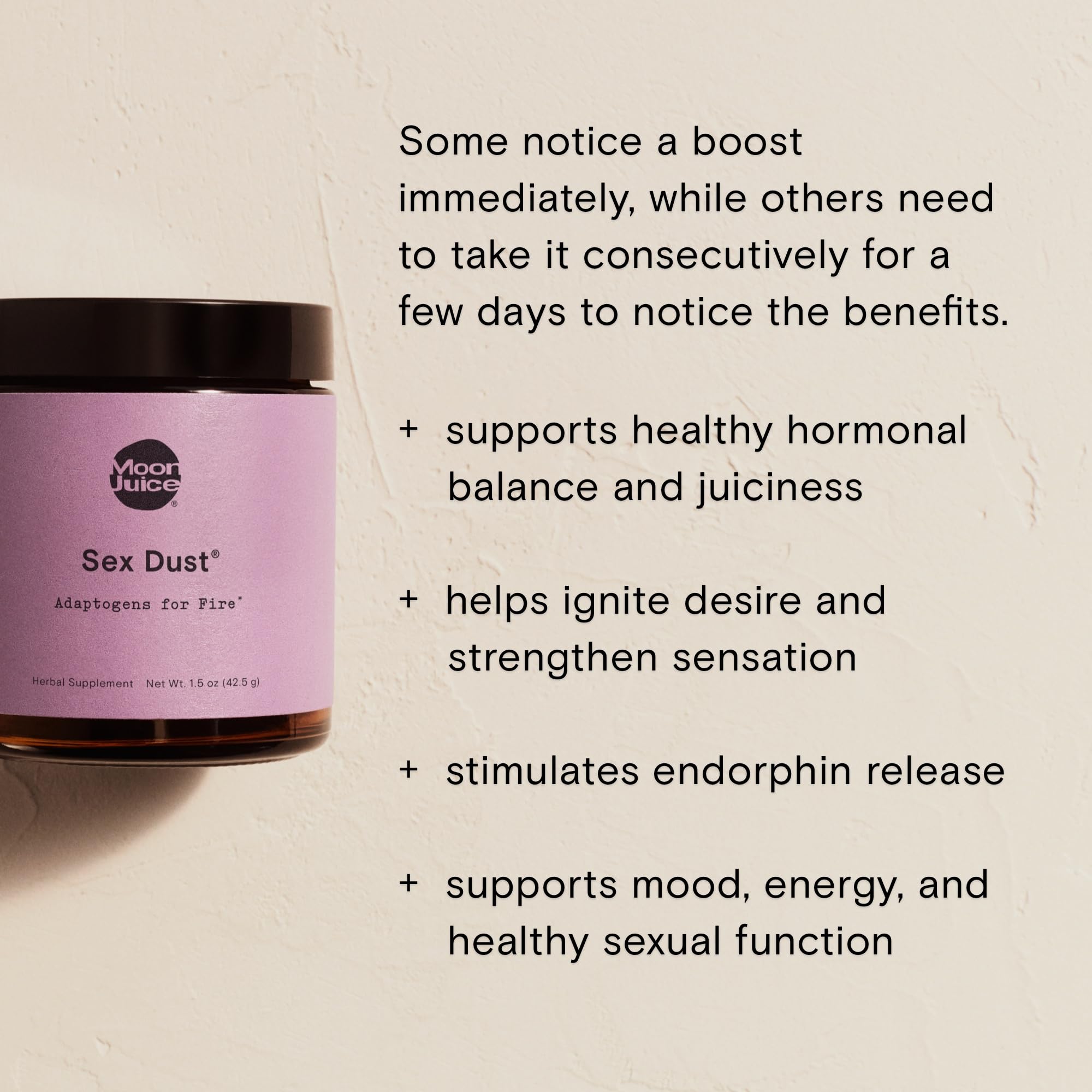 Moon Juice Sex Dust packaging emphasizes vegan, gluten-free, and sugar-free formula