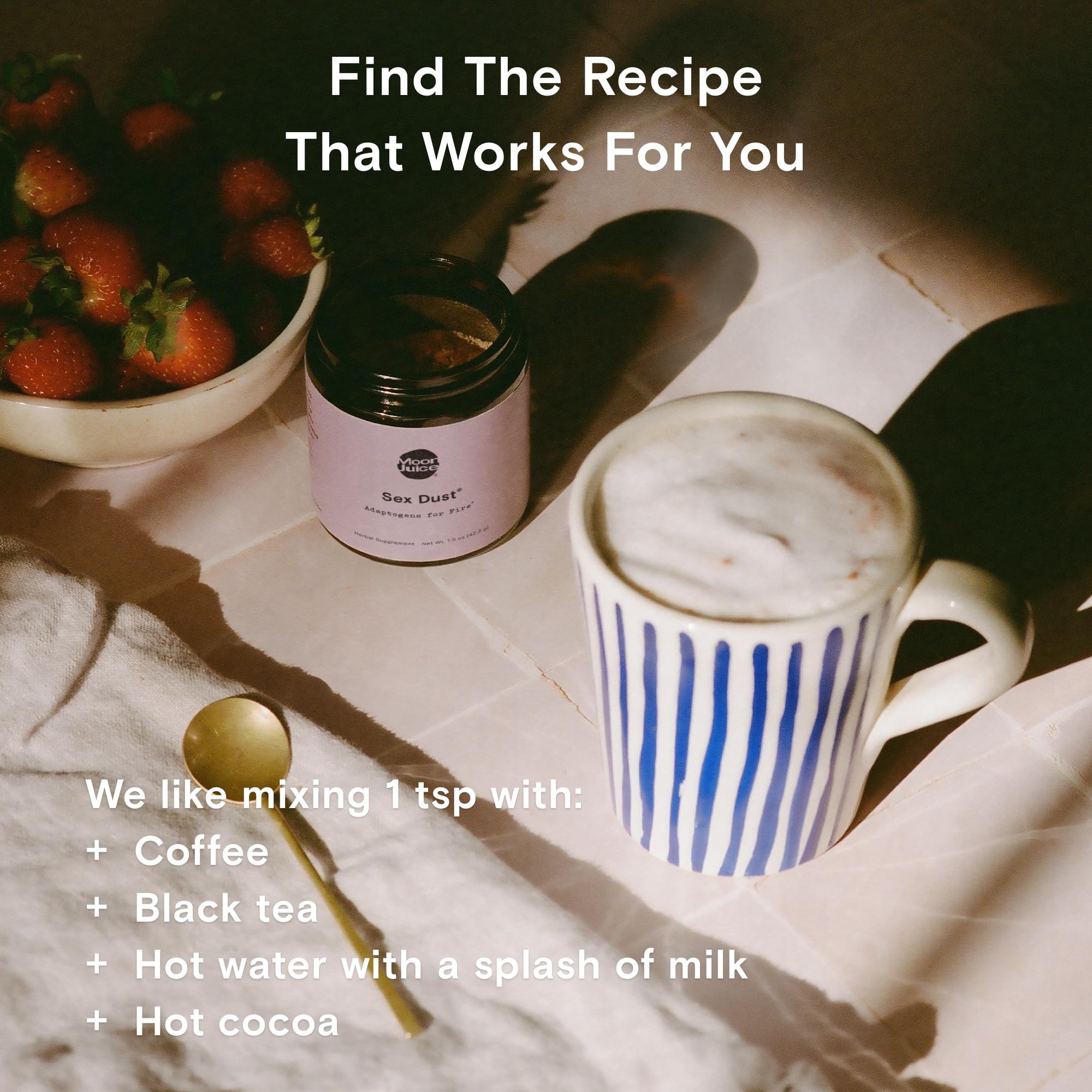 Moon Juice Sex Dust scoop resting over cup demonstrates usage