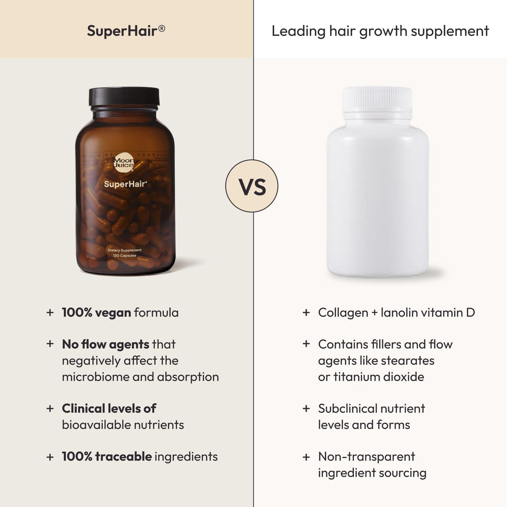 Moon Juice SuperHair capsules next to a mirror suggesting thicker-looking hair