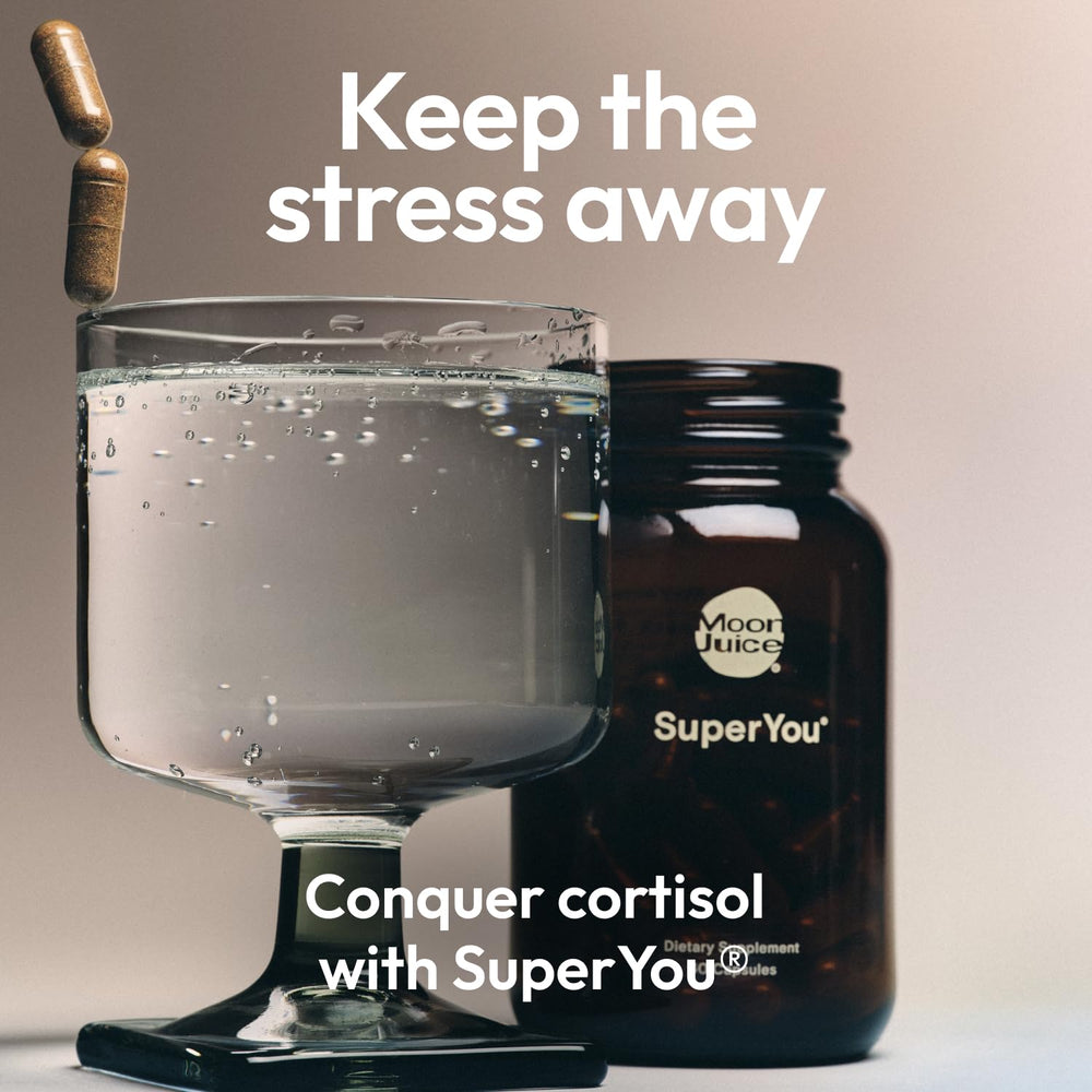 Moon Juice SuperYou capsules neatly arranged, signaling daily stress support and balanced mood.