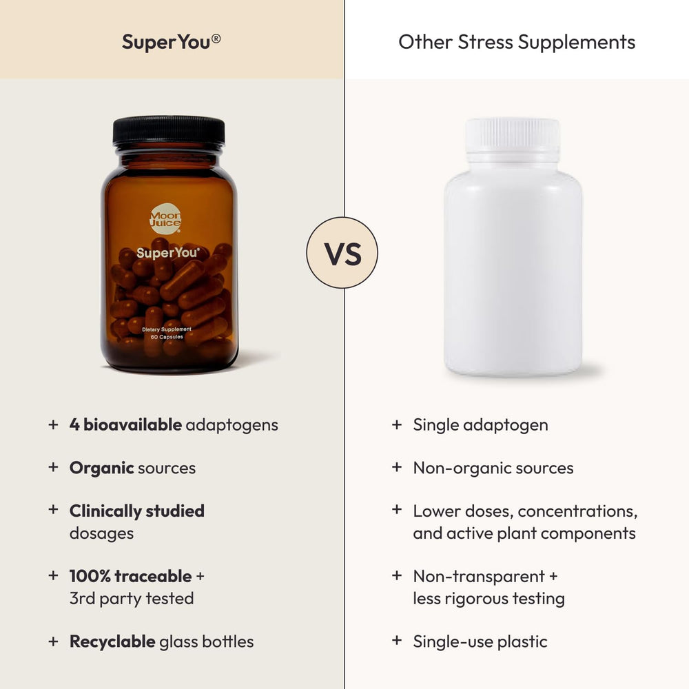 Moon Juice SuperYou with vibrant herbs illustration, suggesting adaptogen synergy.
