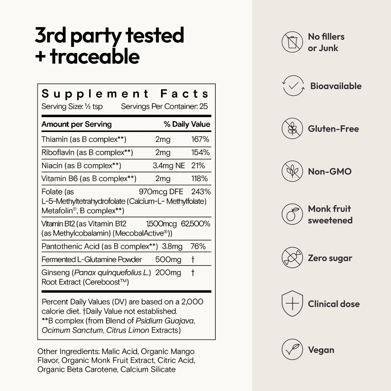 Moon Juice Ting ingredients chart close-up featuring L-glutamine and B vitamins