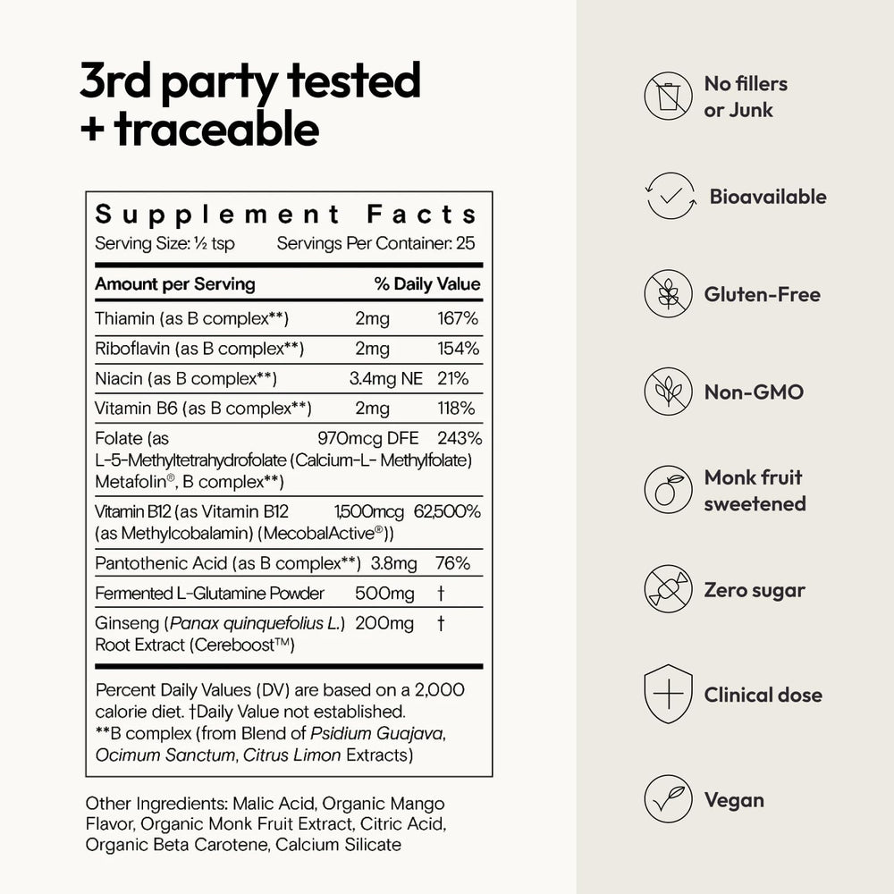 Moon Juice Ting ingredients chart close-up featuring L-glutamine and B vitamins