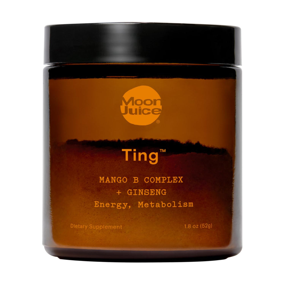 Moon Juice Ting mango powder tub showing mango flavor and sugar-free profile for daily vitality