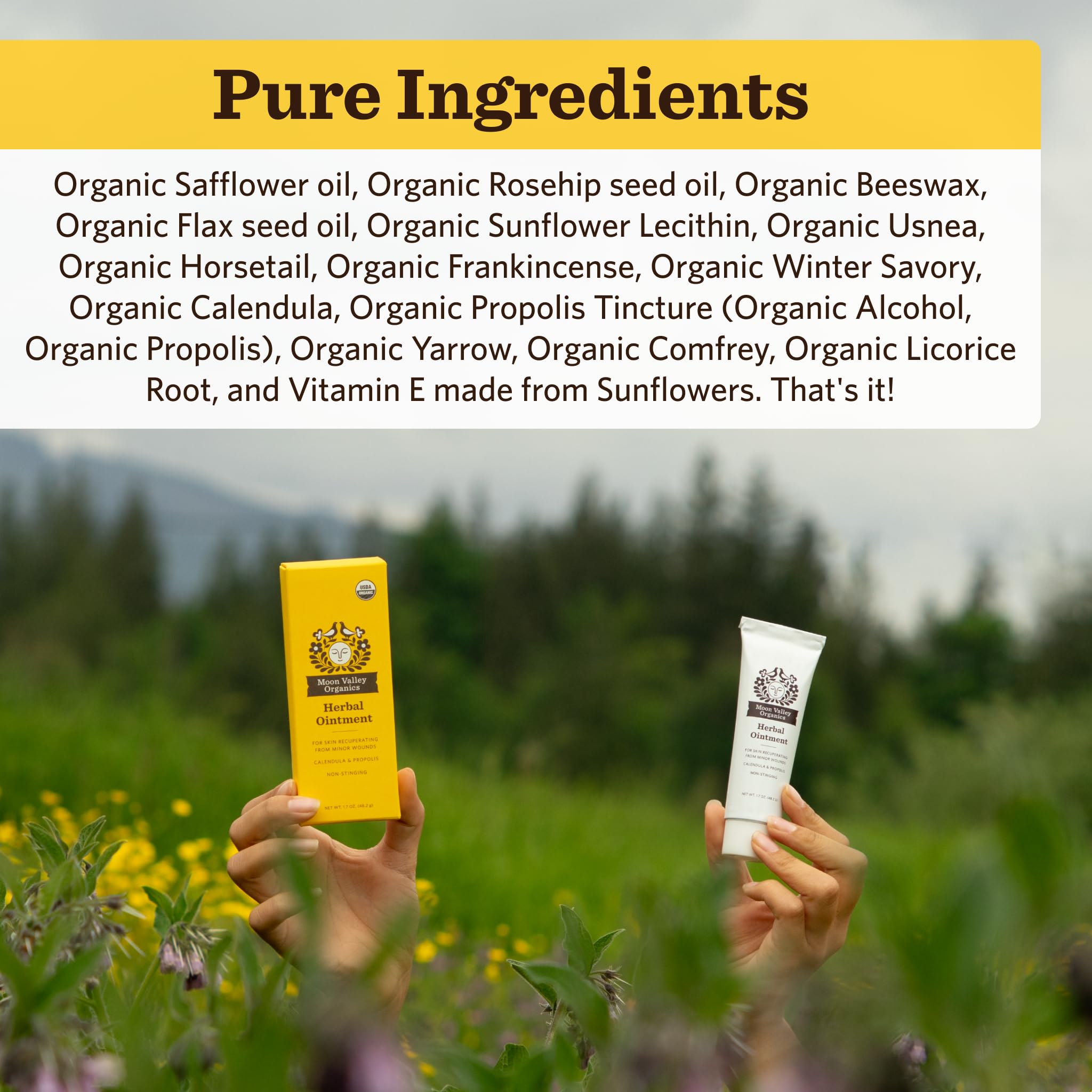 Moon Valley Organics herbal ointment being applied on skin for minor abrasion relief.
