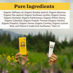 Moon Valley Organics herbal ointment being applied on skin for minor abrasion relief.