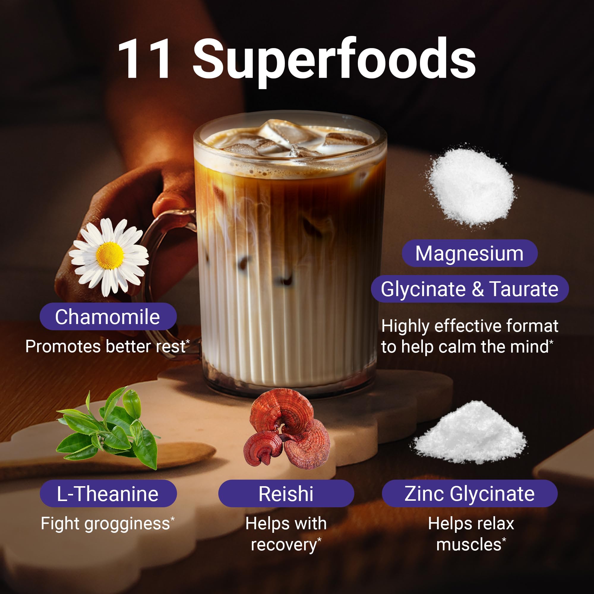 MoonBrew adaptogen blend with L-theanine and chamomile supports nightly relaxation.