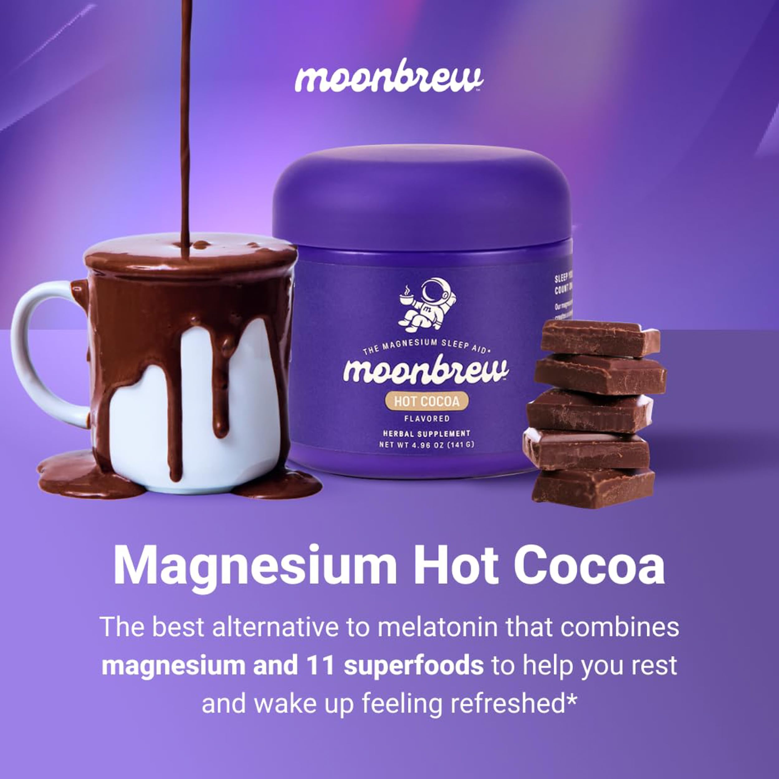 MoonBrew hot chocolate mug with steam ready to enjoy