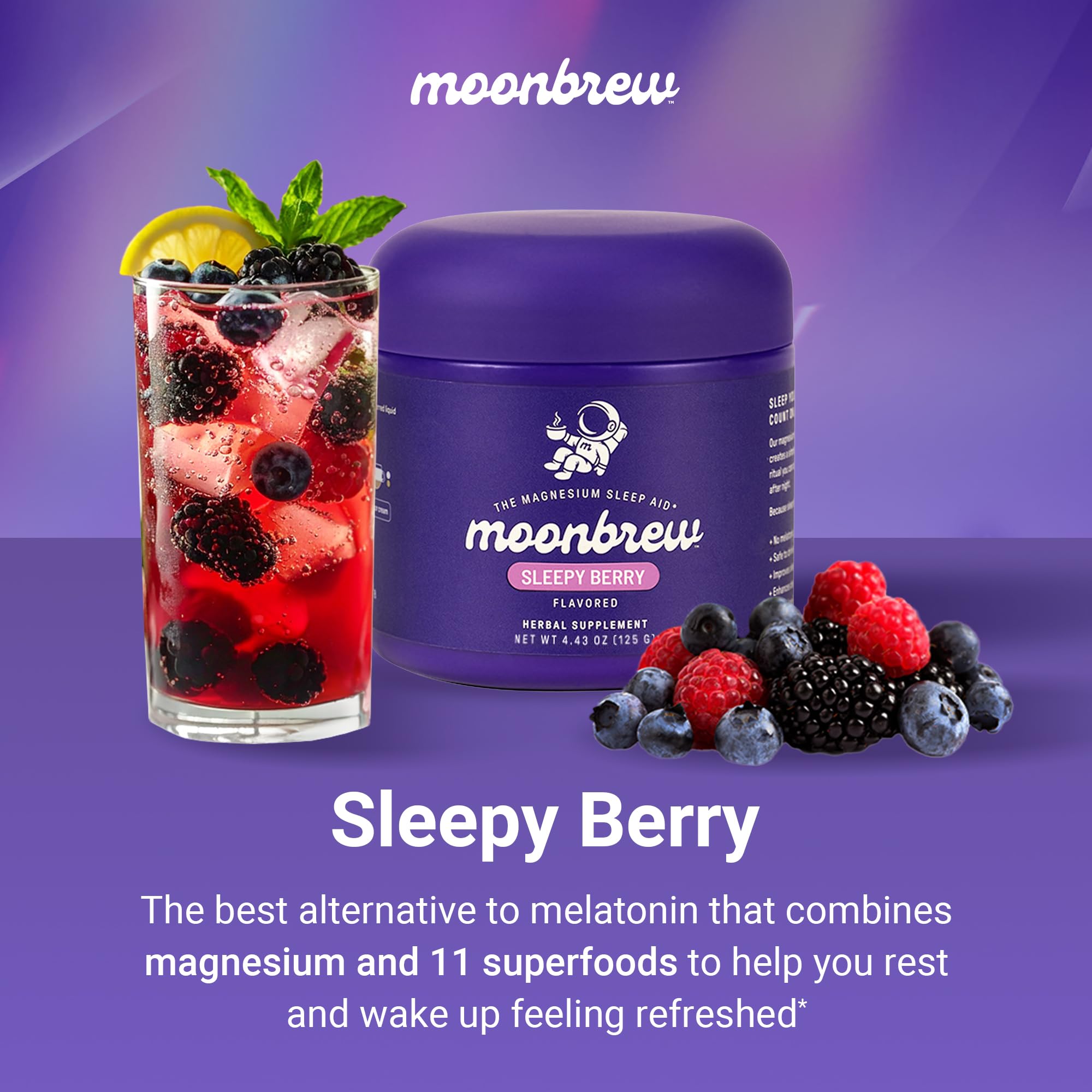 MoonBrew label highlights L-theanine and chamomile for calm relaxation.