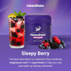 MoonBrew label highlights L-theanine and chamomile for calm relaxation.