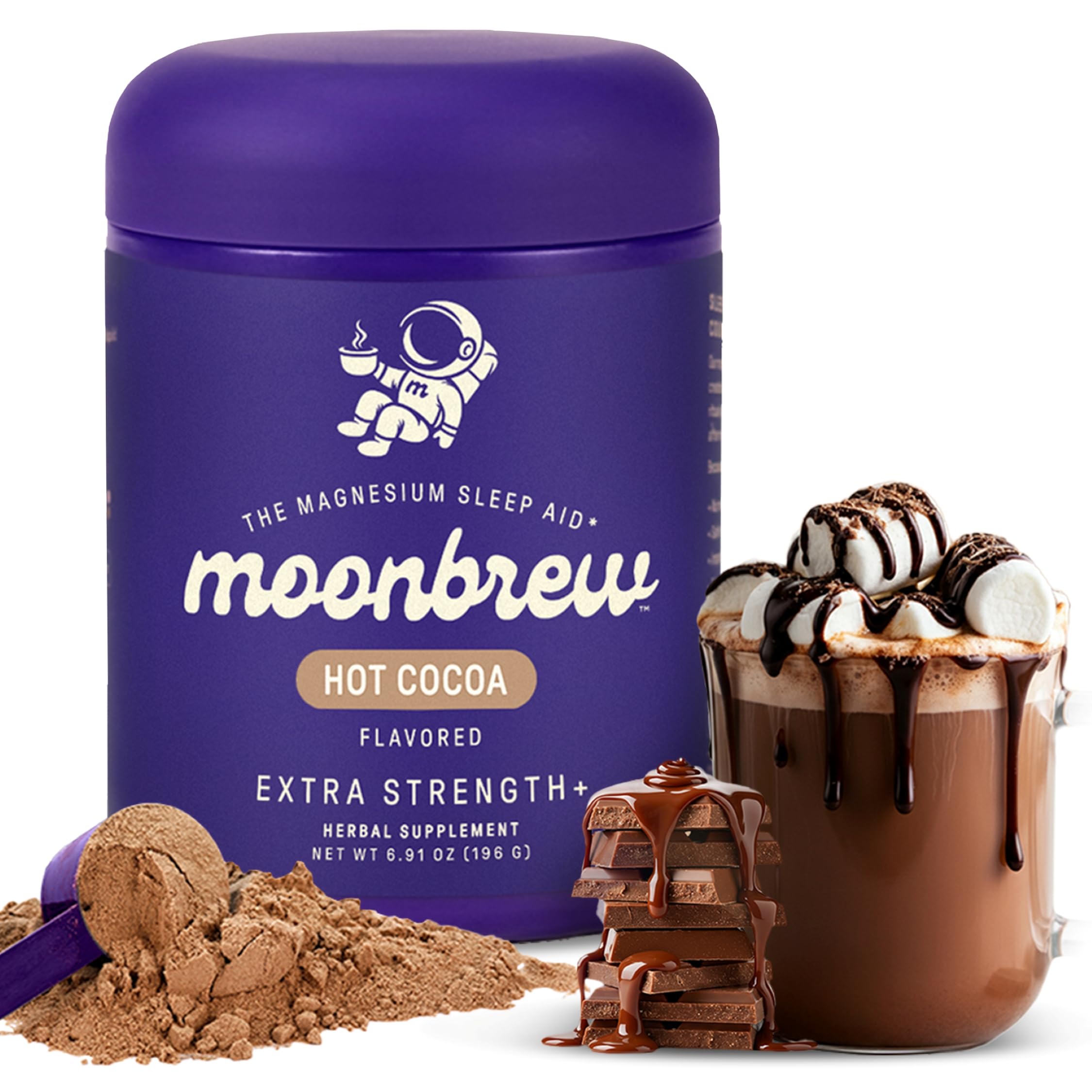 MoonBrew Nighttime Extra Strength Magnesium Hot Cocoa bottle on kitchen counter for calming evenings.
