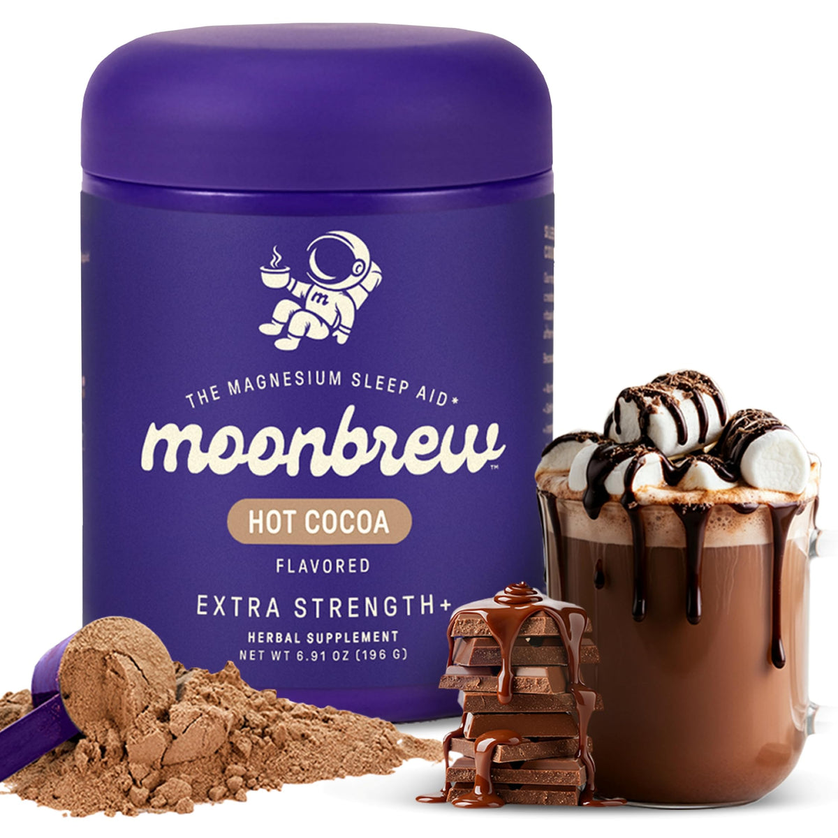 MoonBrew Nighttime Extra Strength Magnesium Hot Cocoa bottle on kitchen counter for calming evenings.