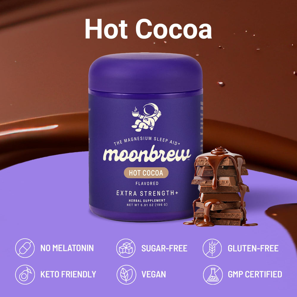 MoonBrew Nighttime Extra Strength Magnesium Hot Cocoa jar closeup with label.