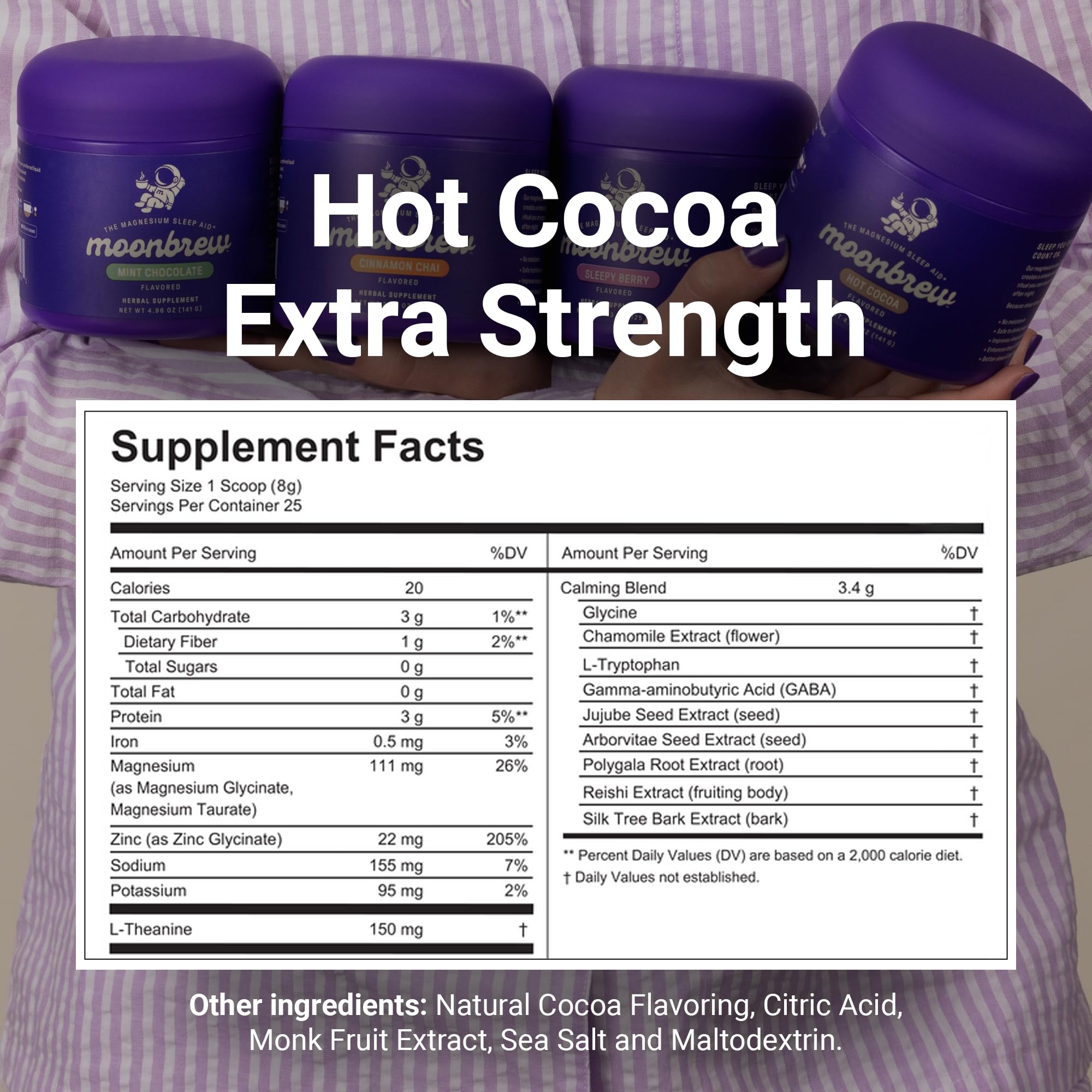 MoonBrew Nighttime Extra Strength Magnesium Hot Cocoa mug with steam.