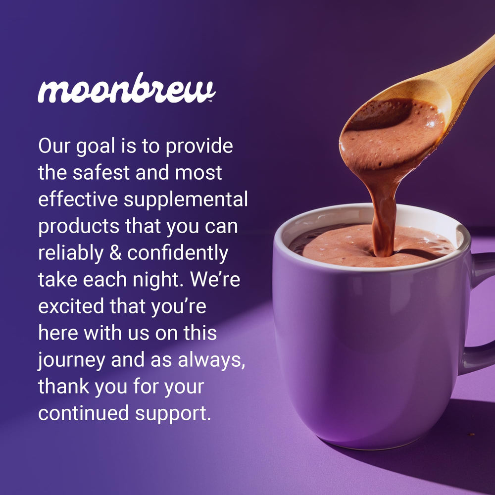 MoonBrew Nighttime Magnesium Hot Cocoa packaging on shelf.
