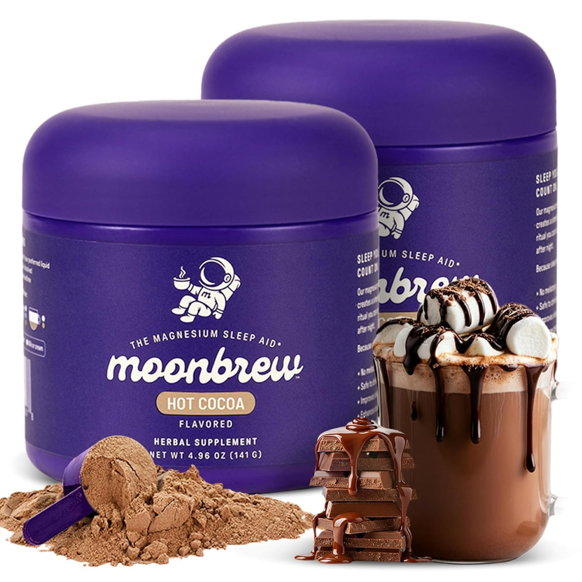 MoonBrew Nighttime Hot Cocoa bottle, melatonin-free sleep support in a calming bottle display.