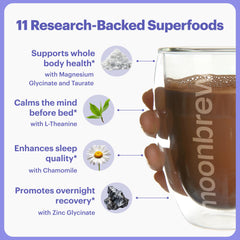 MoonBrew Nighttime Magnesium Hot Cocoa label close-up highlighting L-Theanine and zinc glycinate