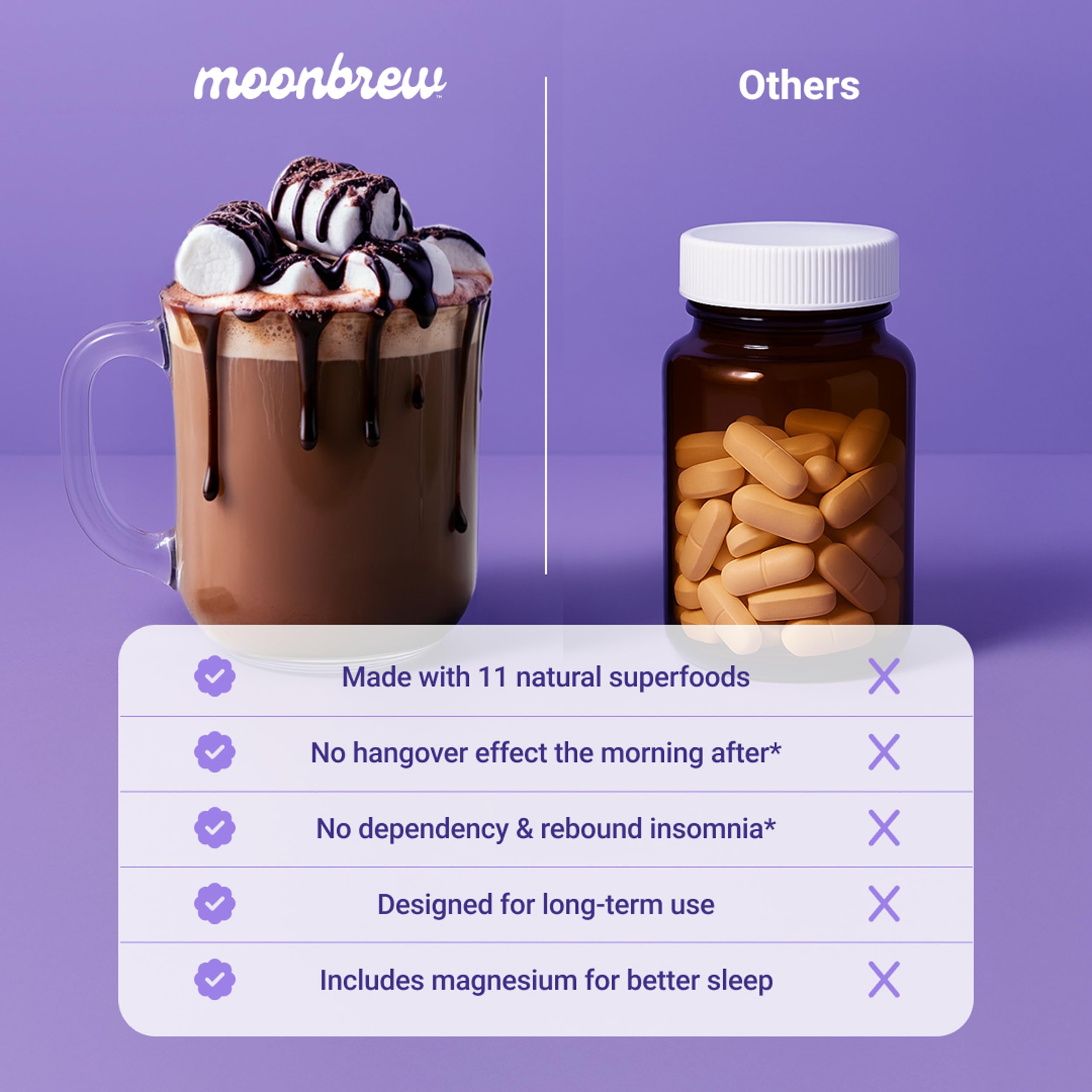 MoonBrew ingredient label with L-Theanine and chamomile for gentle calms.