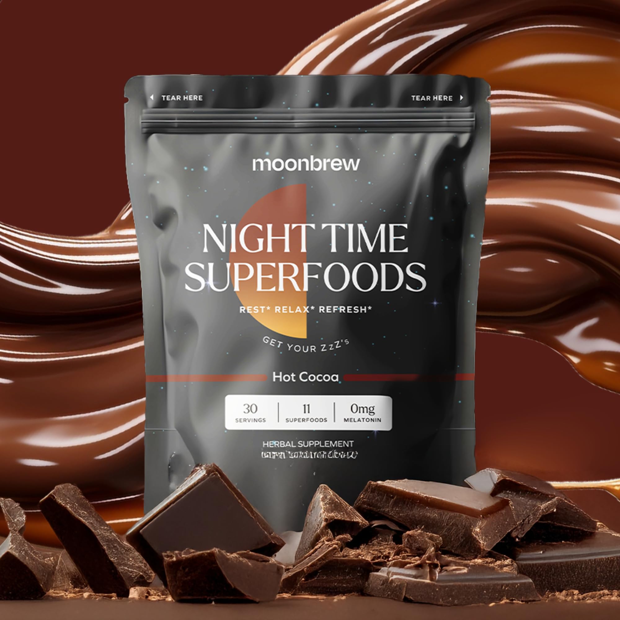 MoonBrew Nighttime Magnesium Hot Cocoa night scene on bedside table