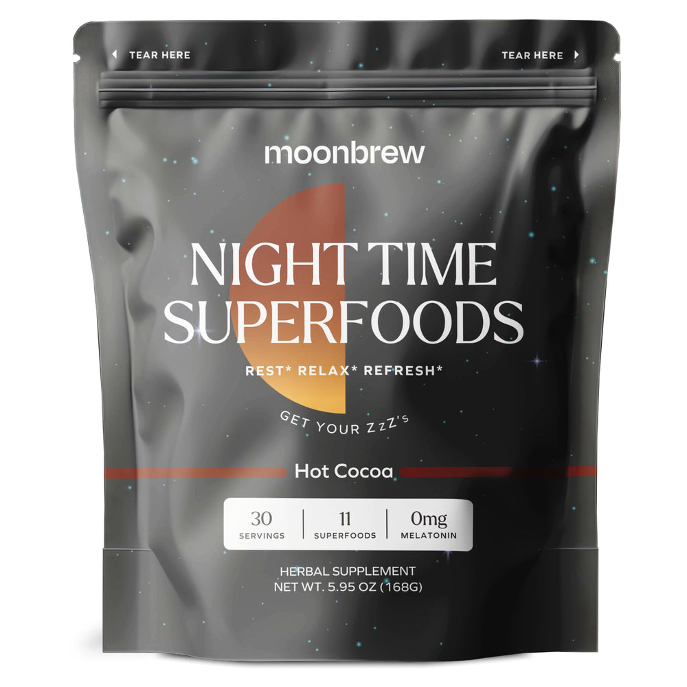 MoonBrew Nighttime Magnesium Hot Cocoa pouring into a mug for a calming evening ritual