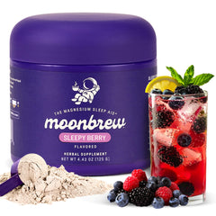 MoonBrew Sleepy Berry scoop dissolving in water for a calming bedtime ritual.